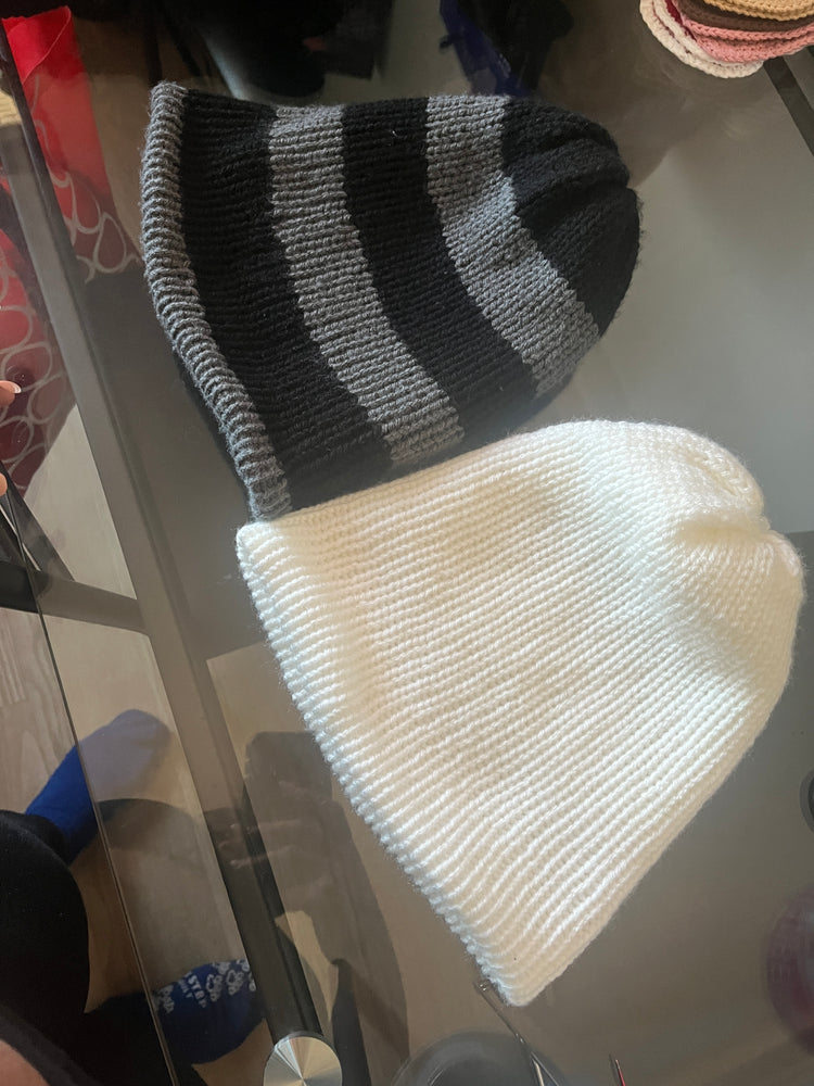 Double layered beanies in cream, deep purple, lilac and charcoal gray