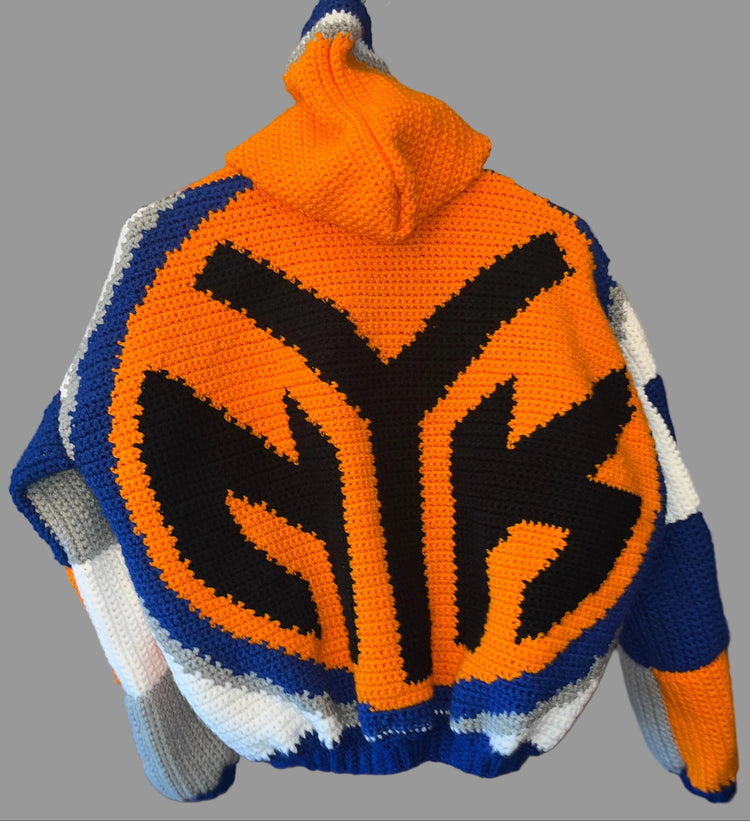 Back of the cardigan showing the colorwork graphic