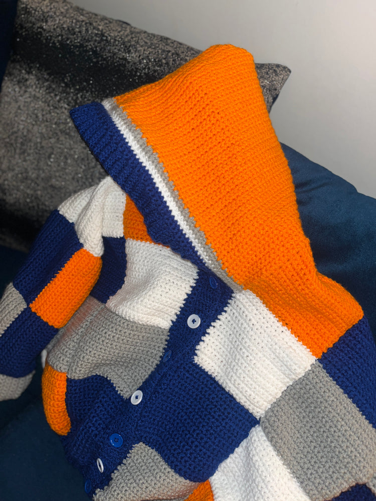 Striped crochet hood and button placket