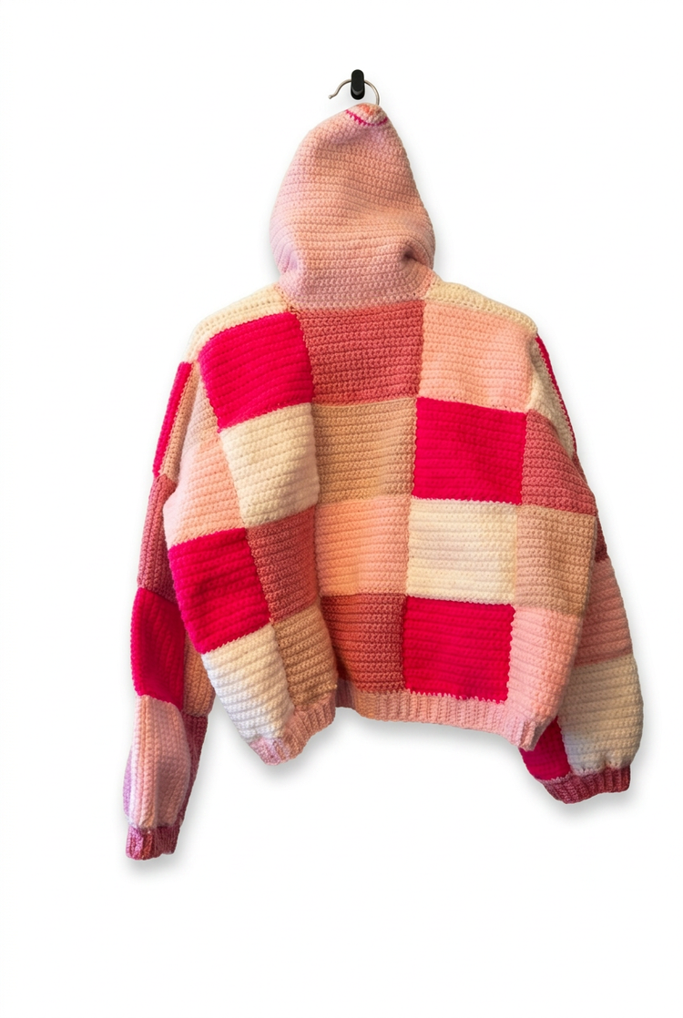 Back of the pink patchwork cardigan