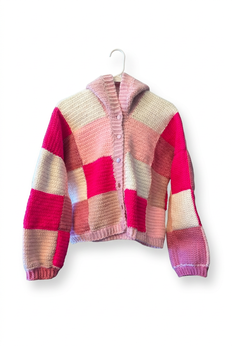 Pink patchwork crochet cardigan
